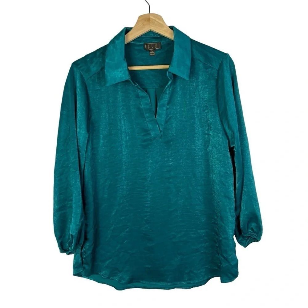Boutique OLM Teal Blue Satin Popover Long Sleeve Blouse L